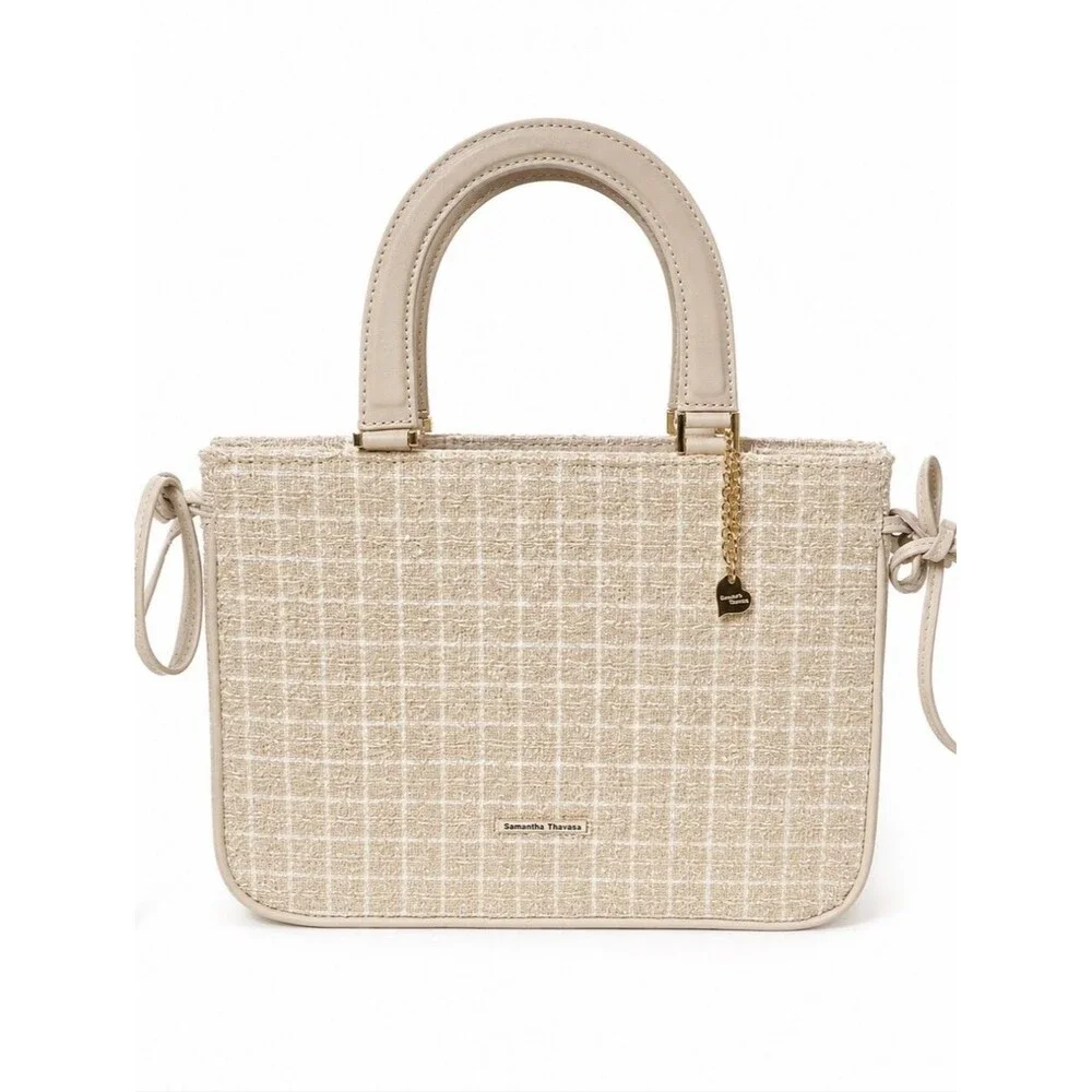 Samantha Thavasa Tweed Satchel Bag Heart Charm Mirror Pouch Expandable Tote